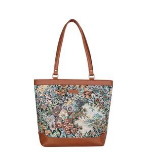 Women’s Botanical Tapestry Tote Bag | Vegan Leather Shoulder  with Top Handle